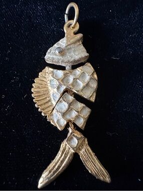 Vintage Gold-Tone and White Enamel Articulated Fish Pendant